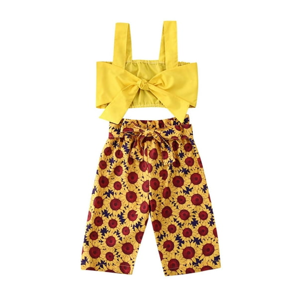 Toddler Baby Girls Ruffle Strap Crop Tops+Bowknot Floral Long Pants Outfits Clothes Two Piece Set